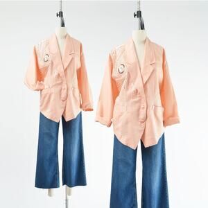 Vintage 80s Pink Linen Cotton Embroidered Beaded Nipped Waist Jacket size L